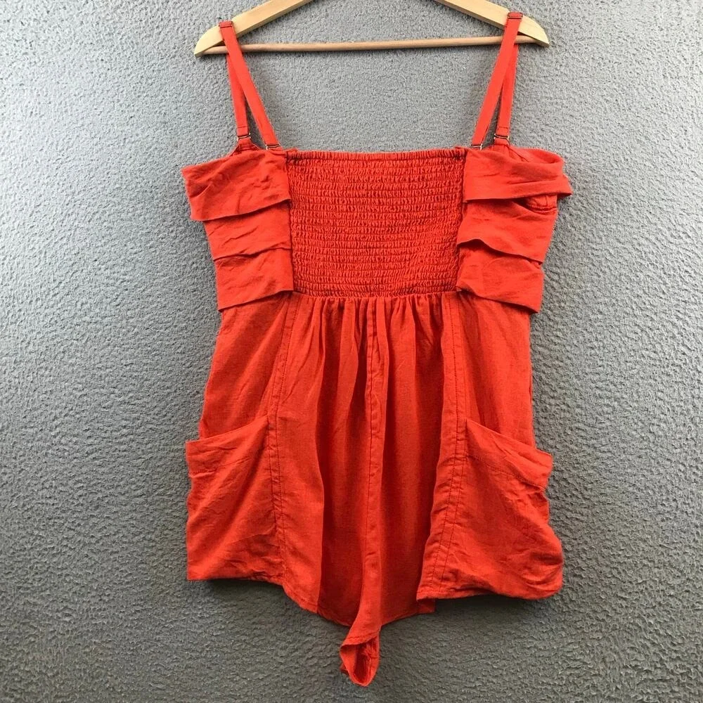 NWT Anthropologie Sz M Orange Tiered Ruffle Smocked Linen Side Pocket Romper